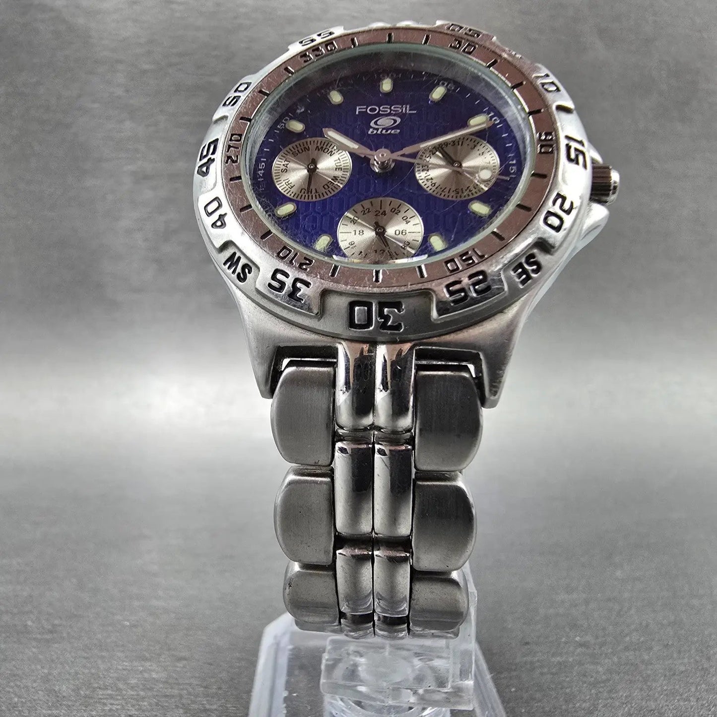 Fossil Blue Watch Women 36mm Blue Dial Silver Tone Daydate BQ-8793 New Battery5