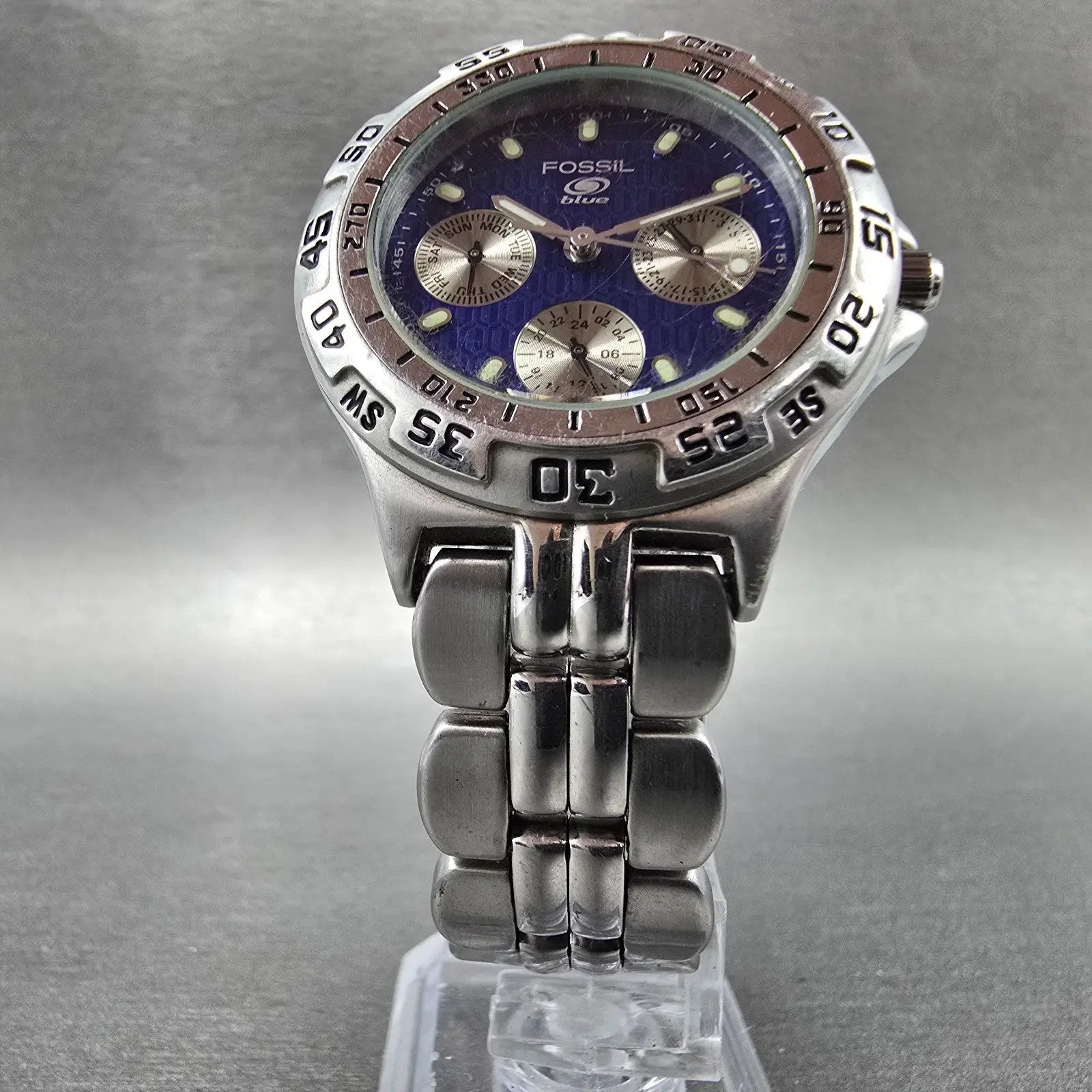 Fossil Blue Watch Women 36mm Blue Dial Silver Tone Daydate BQ-8793 New Battery5