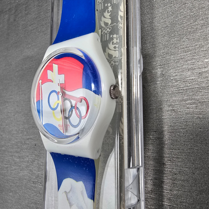 Swatch St. Moritz 1928 Watch Men 34mm Blue Dial White Case GZ134 New Battery NOS2