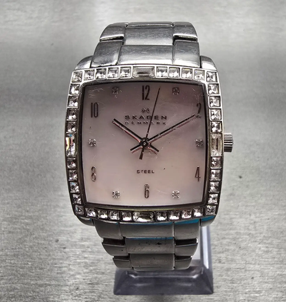 Skagen Watch Women 31mm MOP Dial Silver Tone Gemmed Rectangle N526SSX New Batt0