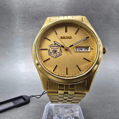 Seiko Watch Men 37mm Champagne Dial Gold Tone Daydate 7N43-9048 New Battery5