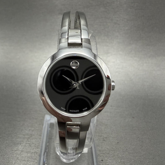 Movado Amorosa Duo Watch Women 24m Black Dial Silver Tone Round 0607153 New Batt0