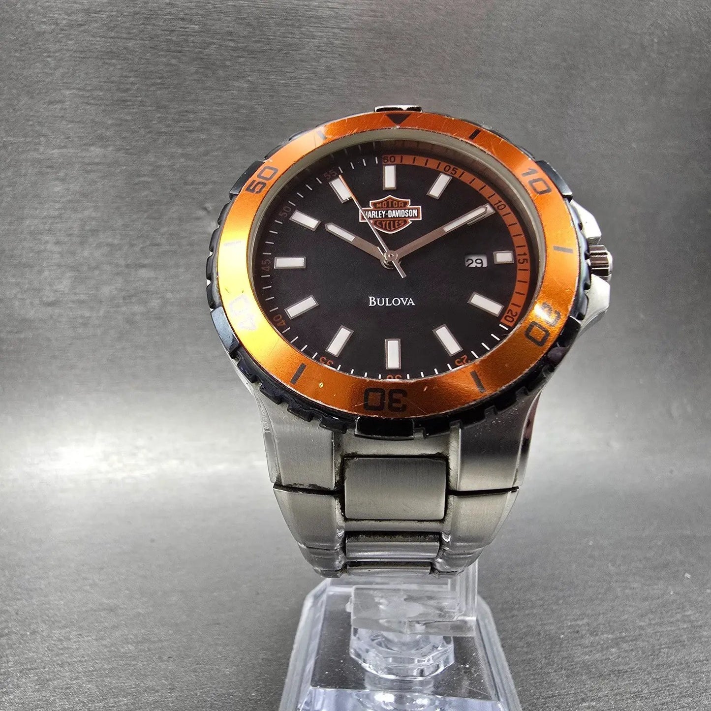 Bulova Harley Davidson Watch Men 42mm Black Dial Silver Tone Date 78B09 New Batt5