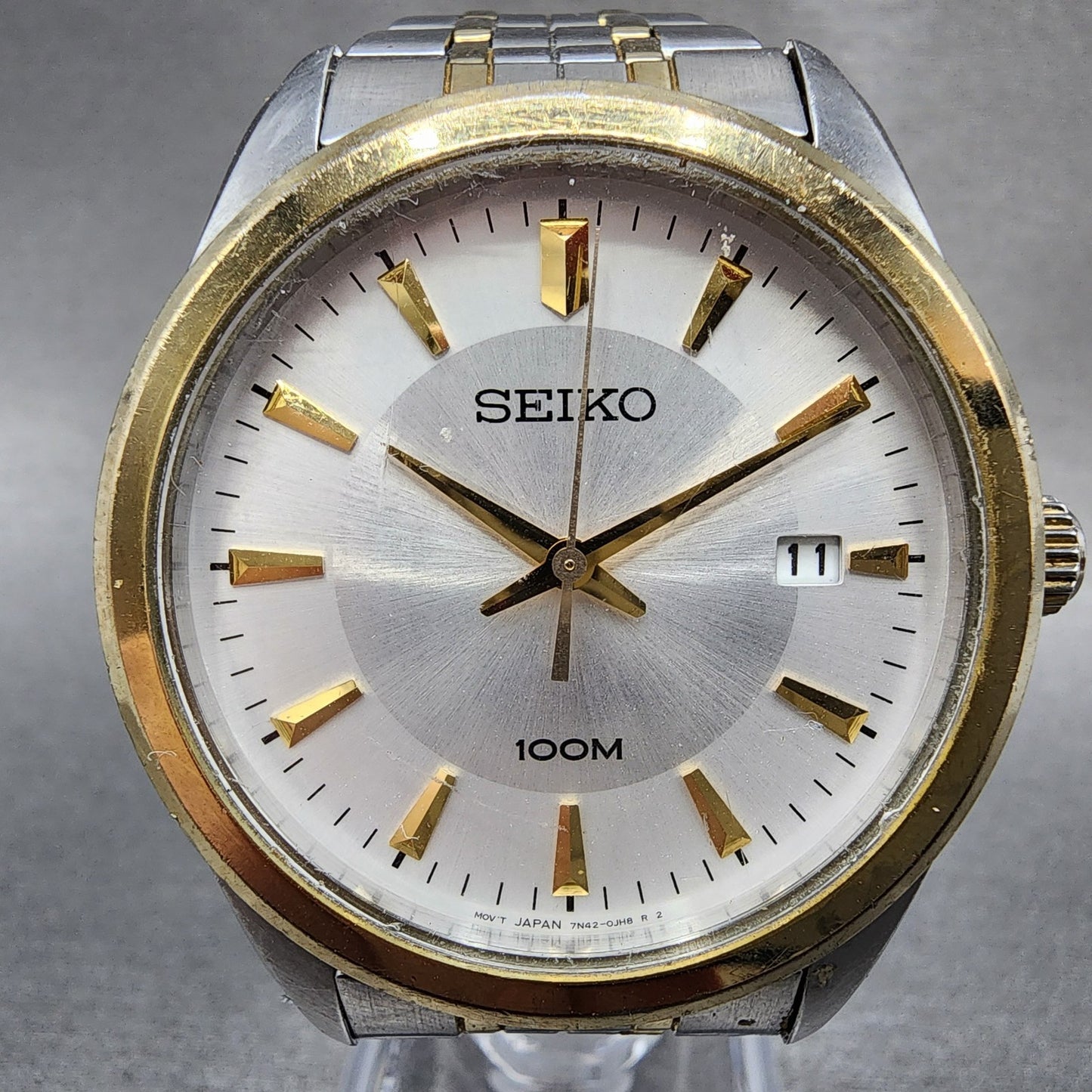 Seiko 100m Watch Men 39mm Silver Dial Two Tone Date Round 7n420fl0 PARTS2