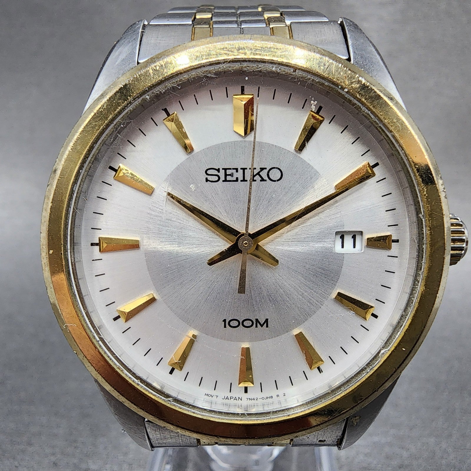 Seiko 100m Watch Men 39mm Silver Dial Two Tone Date Round 7n420fl0 PARTS2