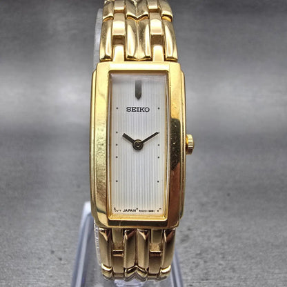 Seiko Watch Women 15mm White Dial Gold Tone Rectangle 4N00-7089 New Battery VTG0