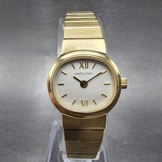 Hamilton Watch Women 19mm Cream Dial Gold Tone Rectangle Oval New Battery0