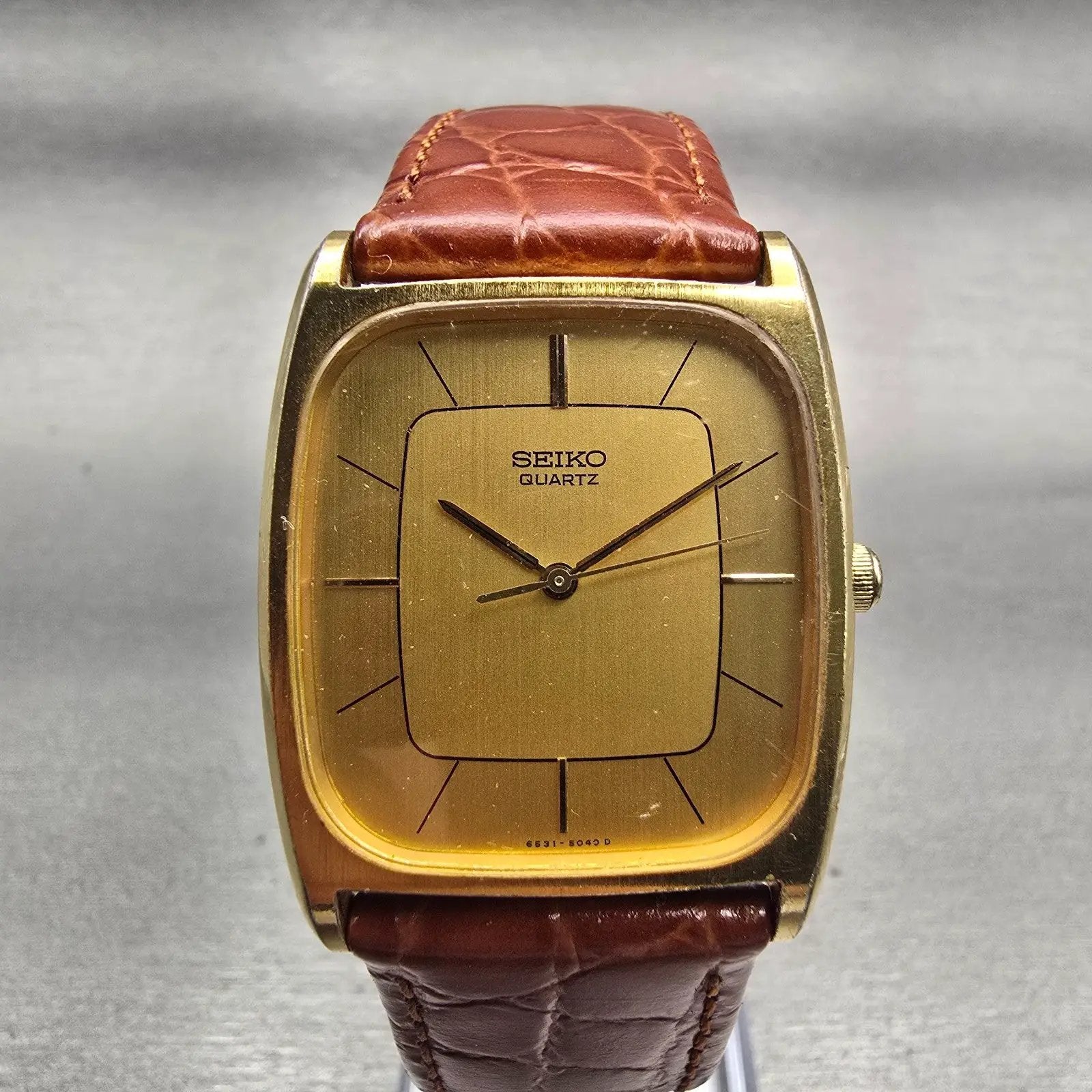 Seiko Watch Men 28mm Gold Dial Gold Tone Rectangle 6530-5020 New Battery Vintage0