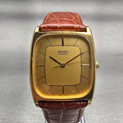 Seiko Watch Men 28mm Gold Dial Gold Tone Rectangle 6530-5020 New Battery Vintage0
