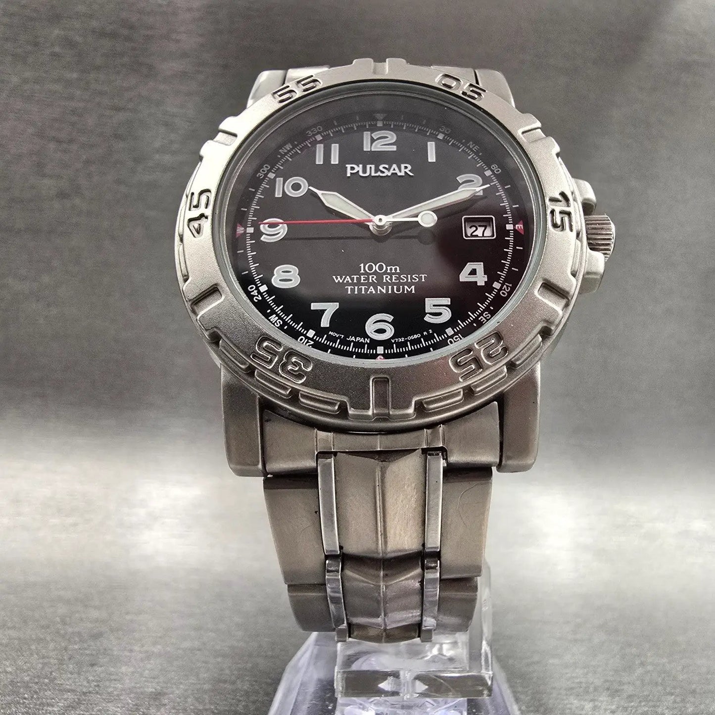 Seiko Pulsar Watch Men 38mm Black Dial Titanium Date Round V730-0350 New Battery5
