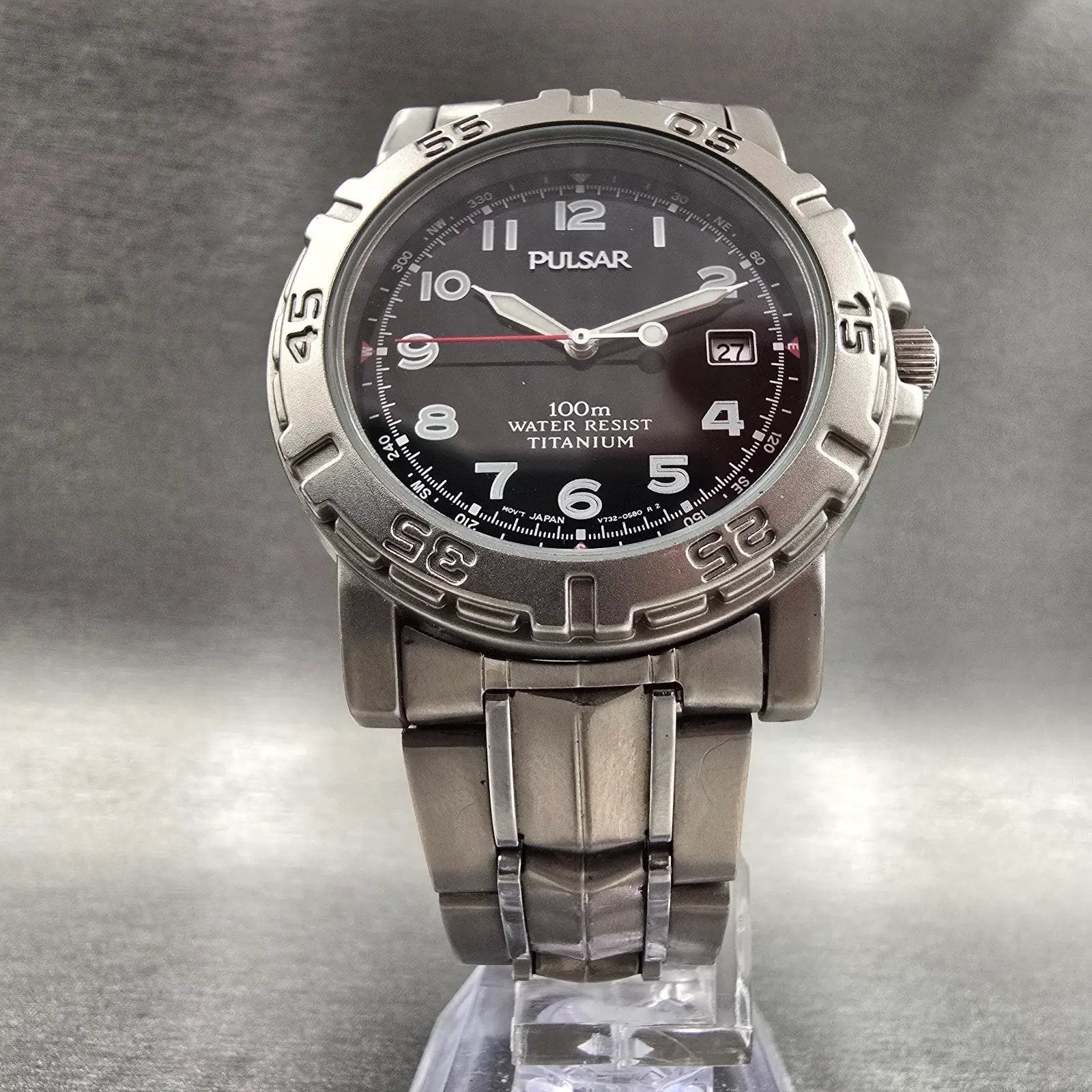 Seiko Pulsar Watch Men 38mm Black Dial Titanium Date Round V730-0350 New Battery5
