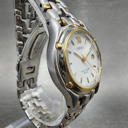 Seiko Watch Women 26mm White Dial Two Tone Date Round 7n820599 New Battery B4563