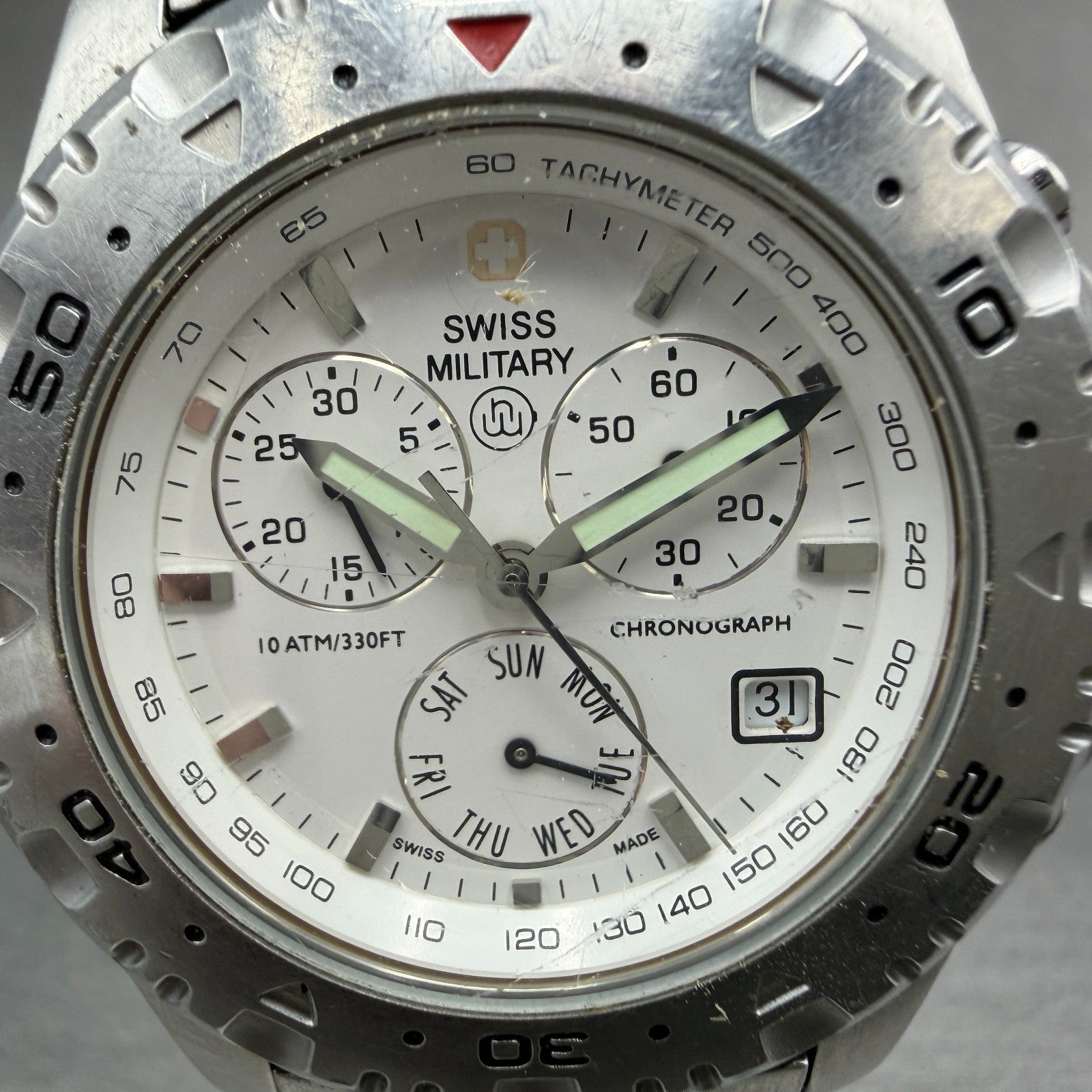 Swiss Military Chronograph Watch Men 40mm White Dial Steel Daydate 1587M PARTS2