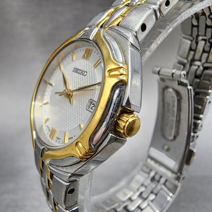 Seiko Watch Women 26mm White Dial Two Tone Date Round 7n820at0 New Battery2