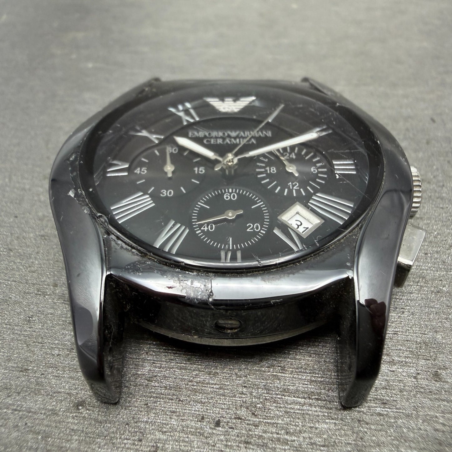 Emporio Armani Ceramica Watch Men 42mm Black Dial White Ceramic Date CRACK Works1