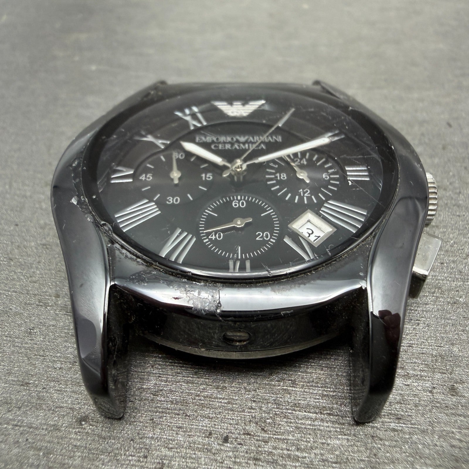 Emporio Armani Ceramica Watch Men 42mm Black Dial White Ceramic Date CRACK Works1