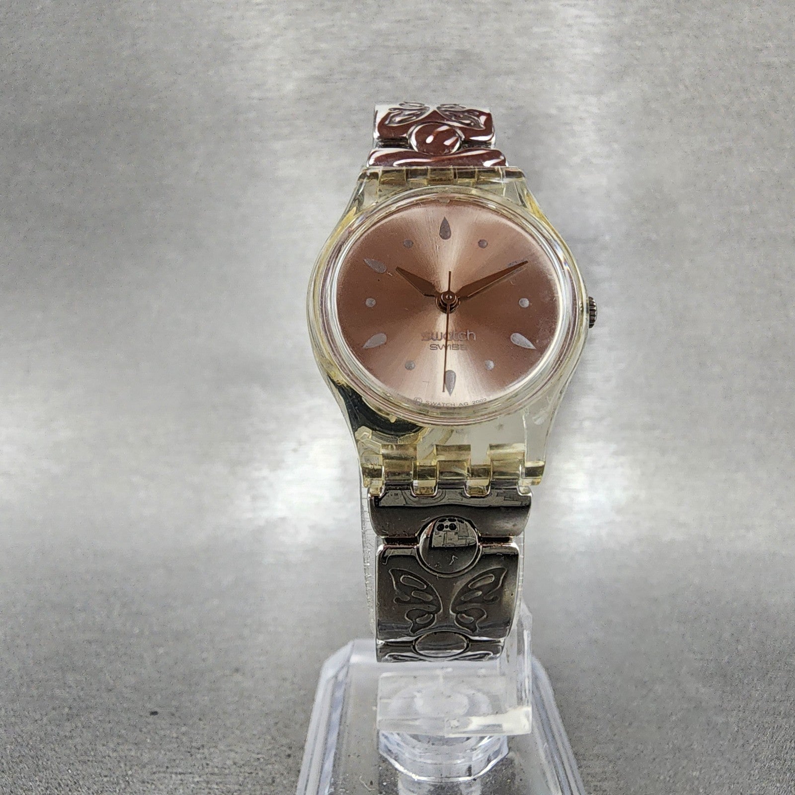 Swatch Watch Women 25mm Silver Dial Clear Case Round New Battery5