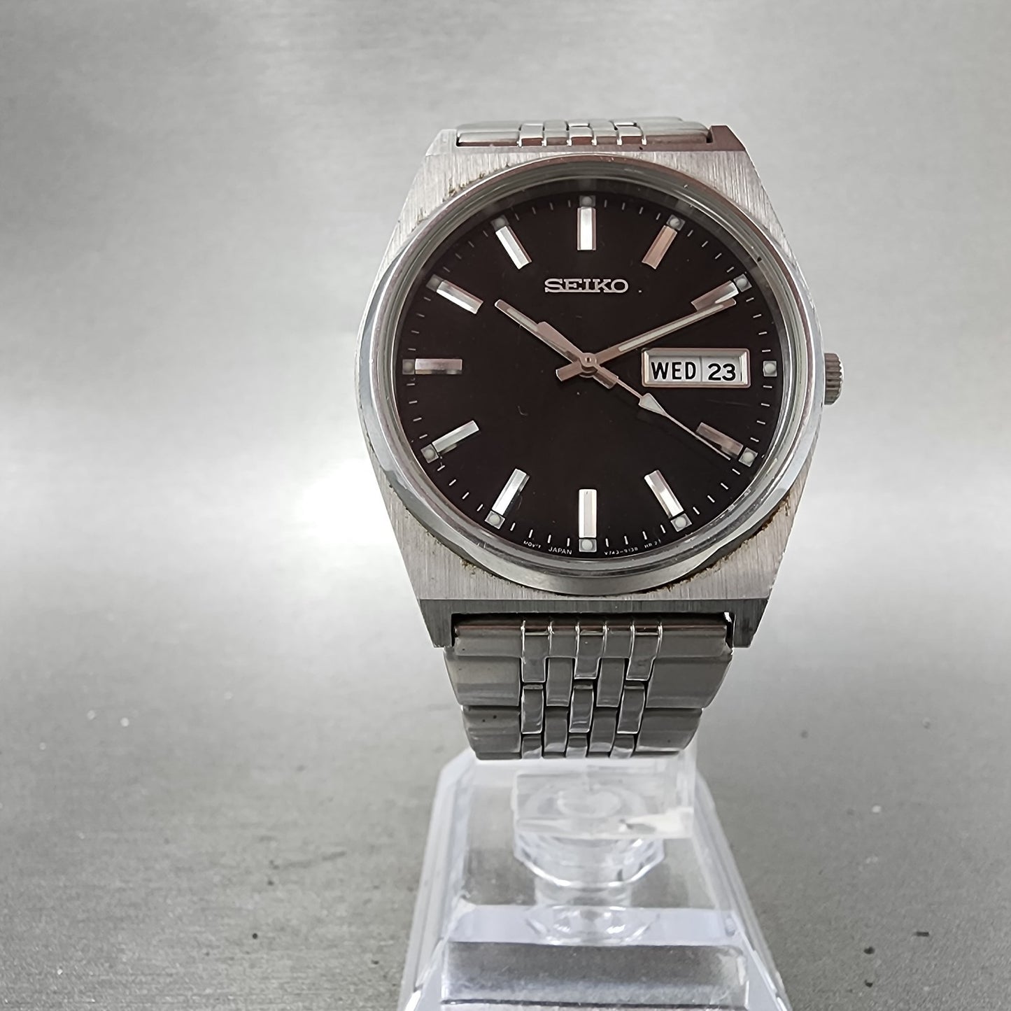 Seiko Watch Men 35mm Black Dial Silver Tone Daydate V743 New Battery READ!!!!!!!5