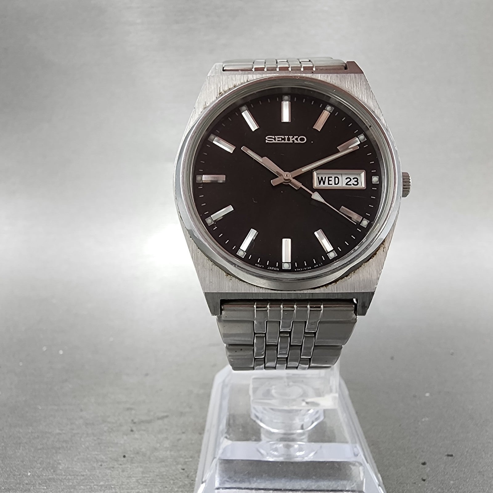 Seiko Watch Men 35mm Black Dial Silver Tone Daydate V743 New Battery READ!!!!!!!5