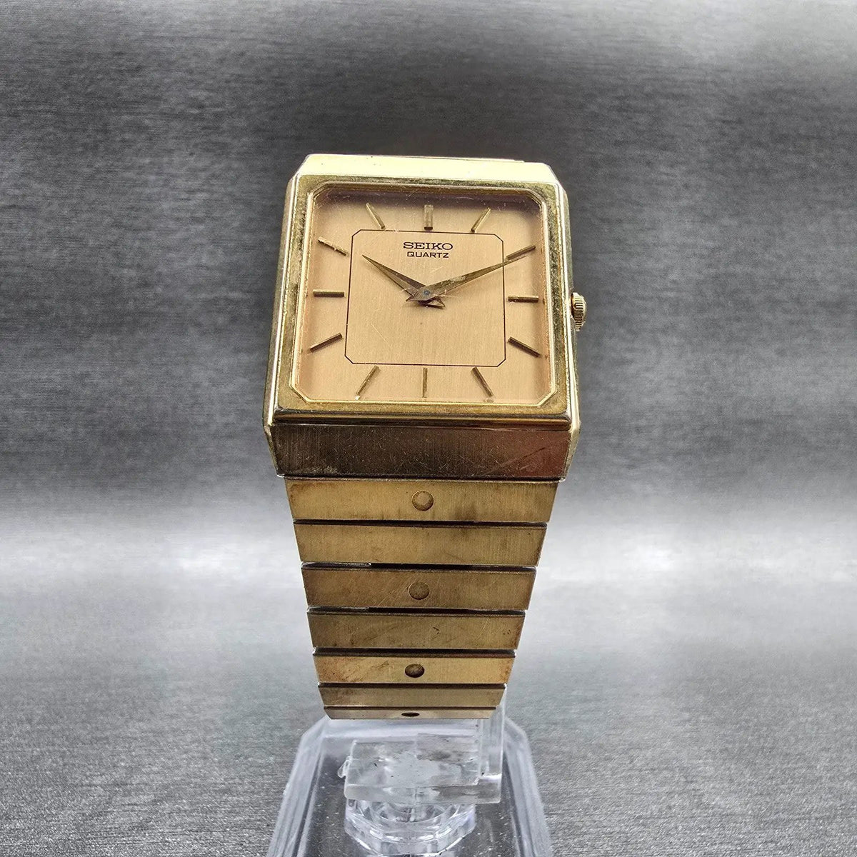 Seiko Tan Watch Men 27mm Gold Dial Gold Tone Rectangle 8620-5049 New Battery VTG5