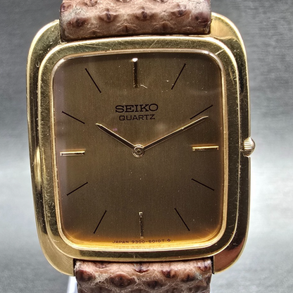 Seiko Watch Men 27mm Gold Dial Gold Tone Rectangle 9300-5009 New Battery1