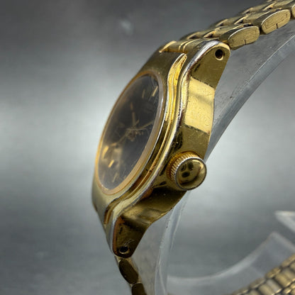 Seiko SX Watch Women 19mm Black Dial Gold Tone Round V401-0091 New Battery HJ62