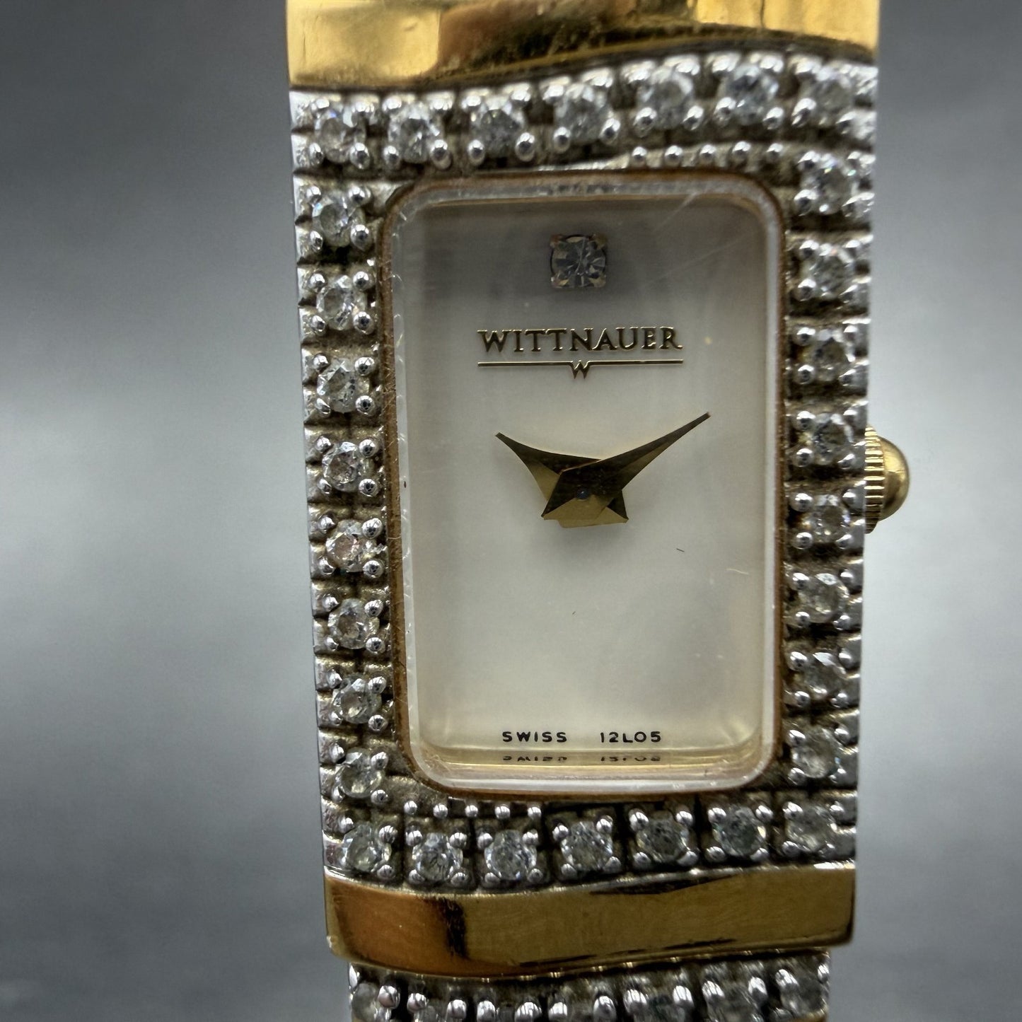 Wittnauer Tank Watch Women 14mm MOP Dial Gold Tone Diamond Bezel 12L05 New Batt1