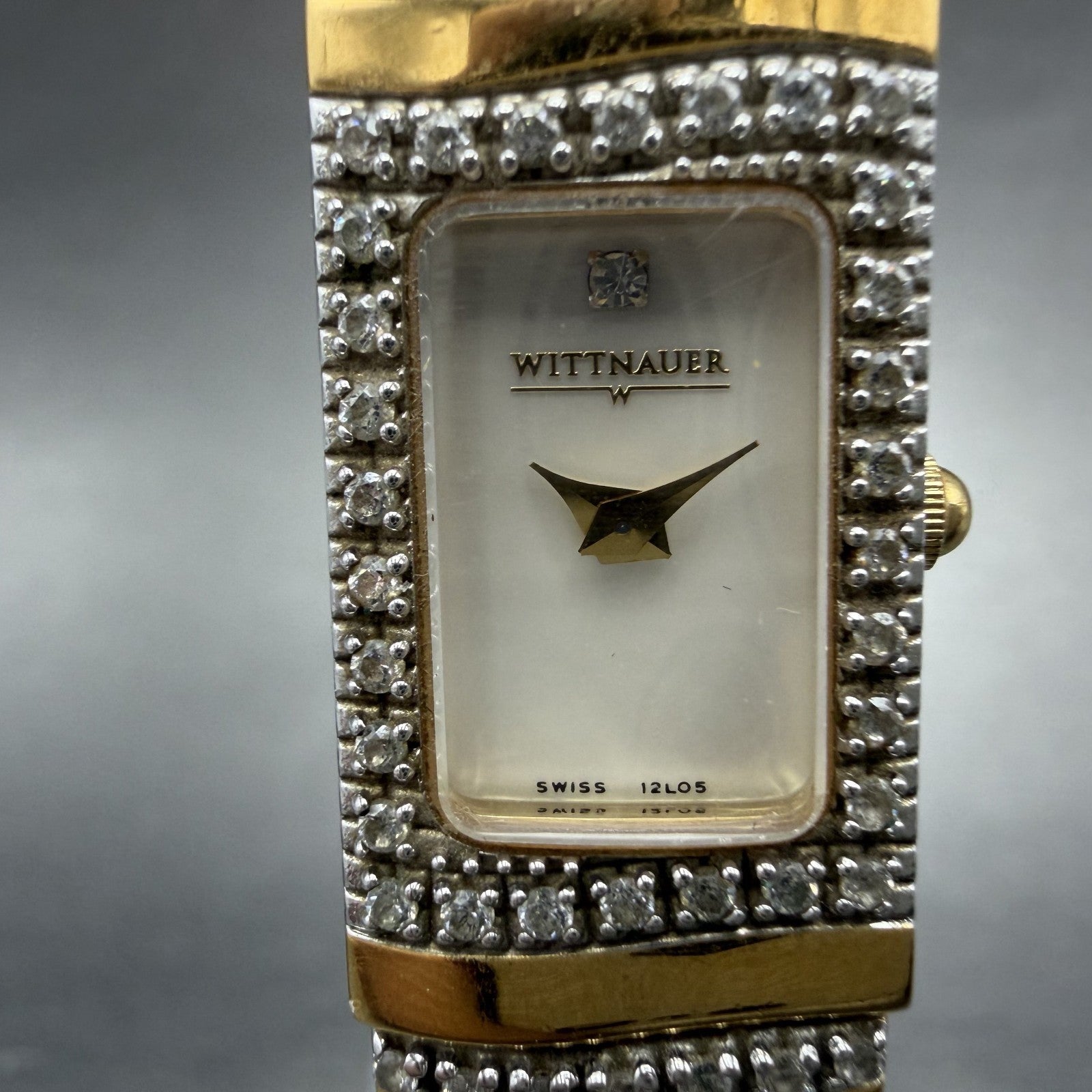 Wittnauer Tank Watch Women 14mm MOP Dial Gold Tone Diamond Bezel 12L05 New Batt1