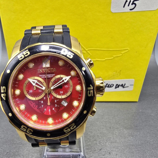 Invicta Pro Diver Chronograph Watch Men 48mm Red Dial Gold Tone 6982 New Batt0