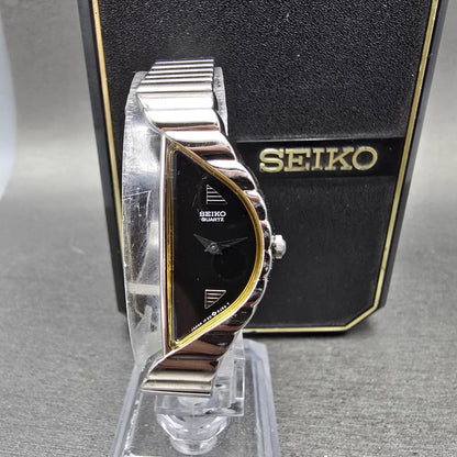 Seiko Halfmoon Watch Women 14mm Black Dial Silver Tone Asymmetrical New Battery0