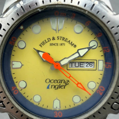 Field & Stream Ocean Angler Watch Men 43mm Yellow Dial Steel Daydate New Battery1