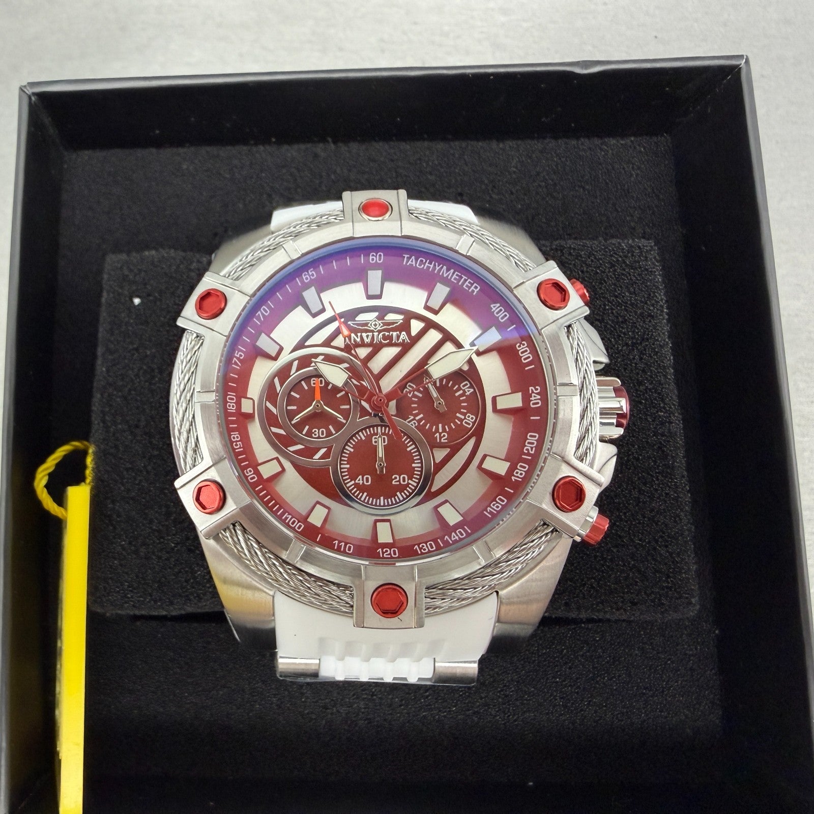 Invicta Bolt Chronograph Watch Men 53mm Red Dial Steel Round 46382 Rubber Band0