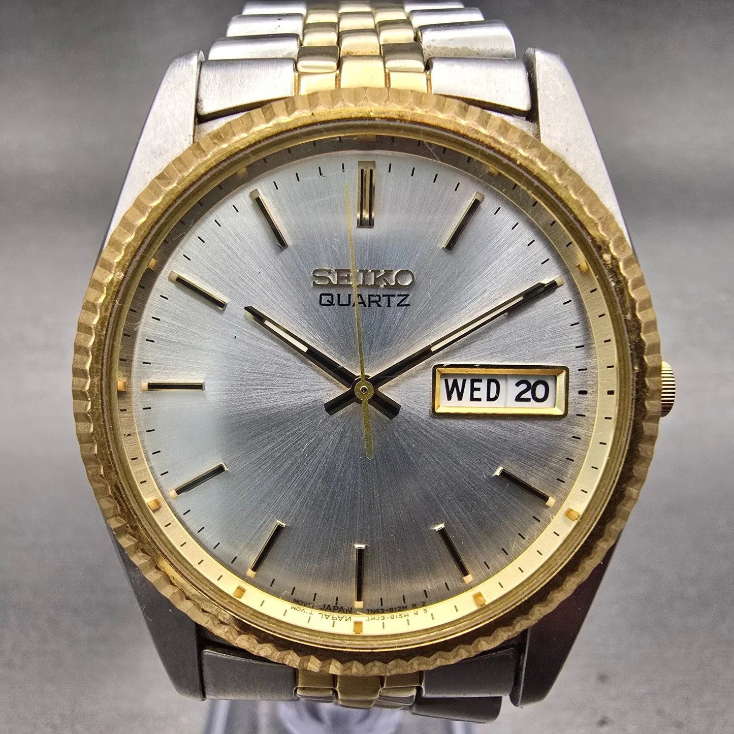 Seiko President Watch Men 37mm Silver Dial Two Tone Daydate 7N43-8111 New Batt1