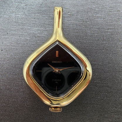 Seiko Pendant Watch Women 25mm Black Dial Gold Plated 117980 Manual Wind Runs1