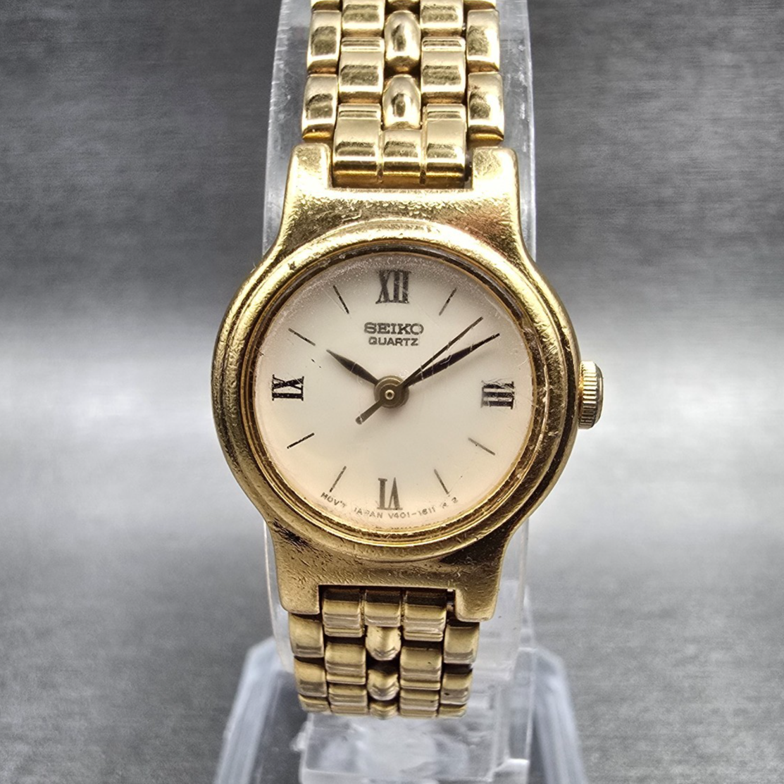 Seiko Watch Women Ivory Dial Gold Round V401-0518 New Battery Vintage JP0