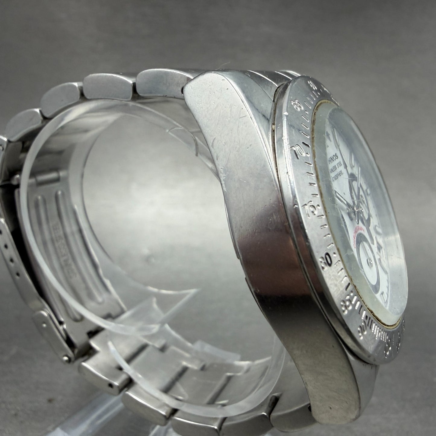 Technos Chronograph Watch Men 41mm White Dial Silver Tone Round T5128New Batt A3