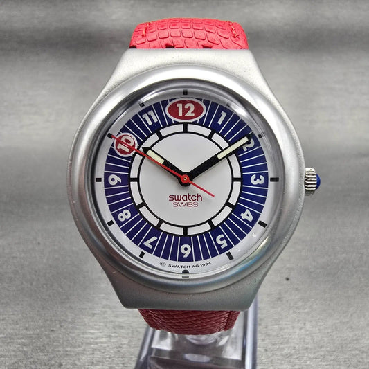 Swatch Irony BIG PREPPIE Watch Men White Dial Silver Tone Round YGS1001 New Batt0