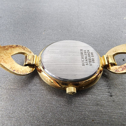 Bucherer Q Watch Women 19mm Red Dial Gold Tone Oval 980.599 New Battery9