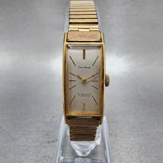 Seiko Beauty Tank Watch Women 15mm Silver Dial Gold Tone Manual 5506 Runs0