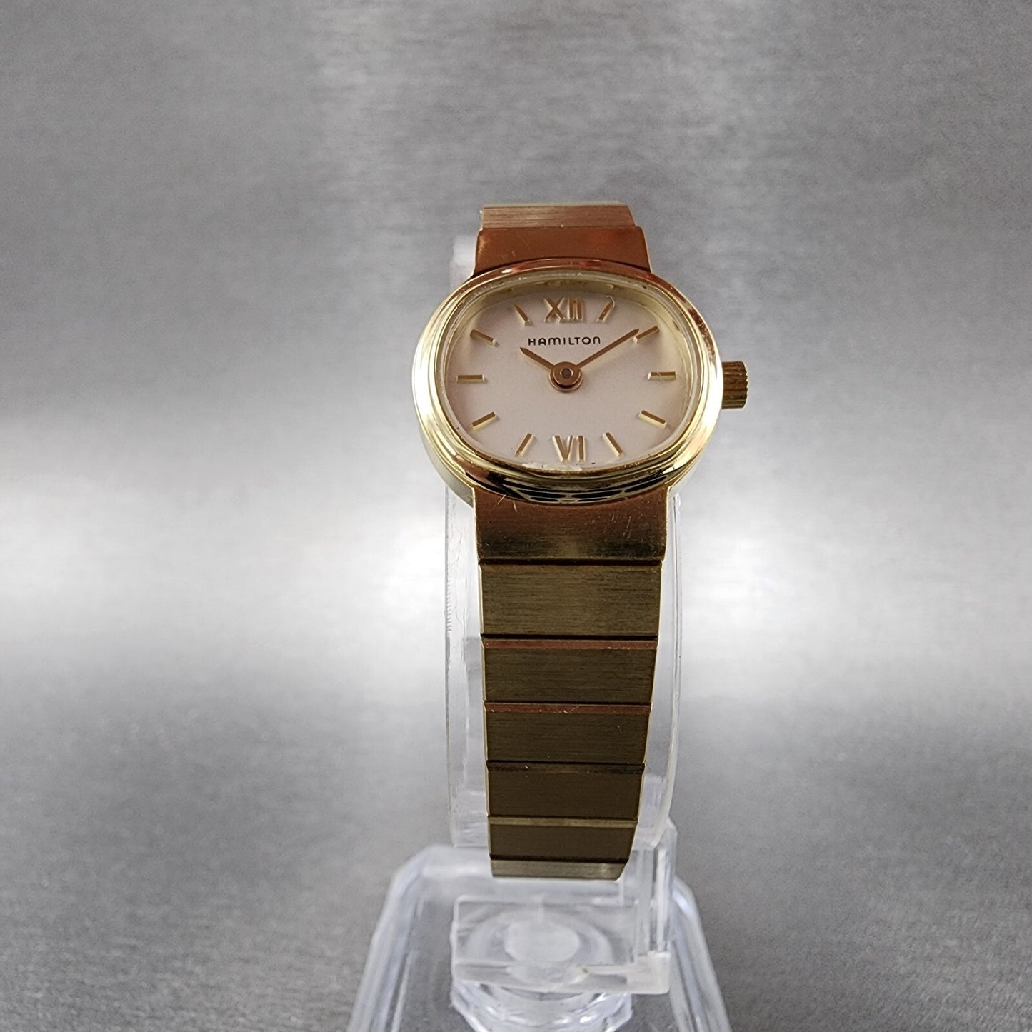 Hamilton Watch Women 19mm Cream Dial Gold Tone Rectangle Oval New Battery5