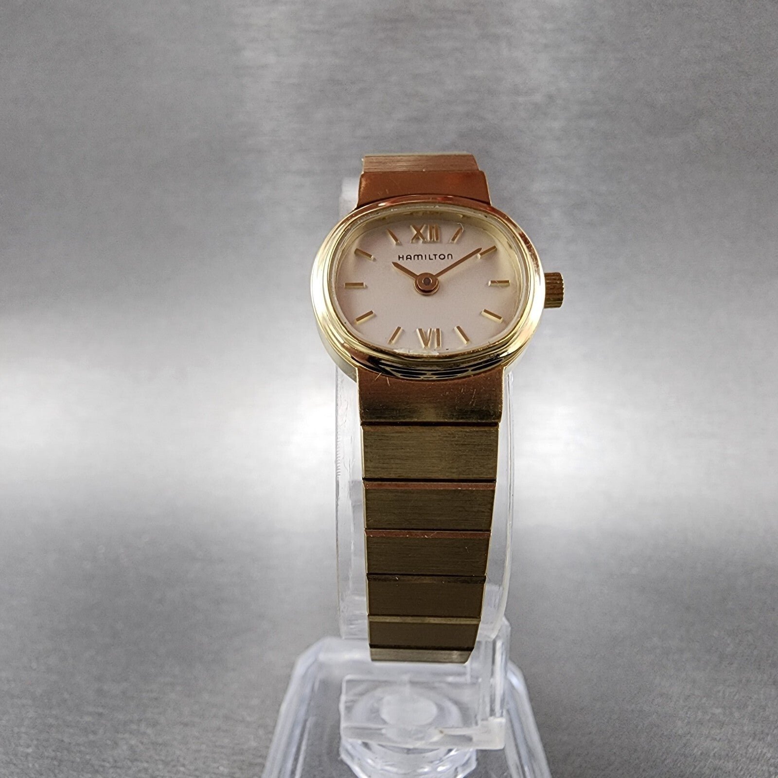Hamilton Watch Women 19mm Cream Dial Gold Tone Rectangle Oval New Battery5