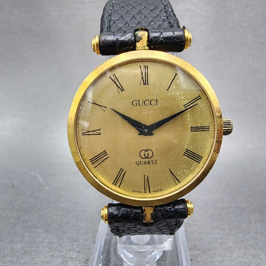 Gucci 2000M Watch Men 30mm Champagne Dial Gold Plated Round Leather Band NewBa110