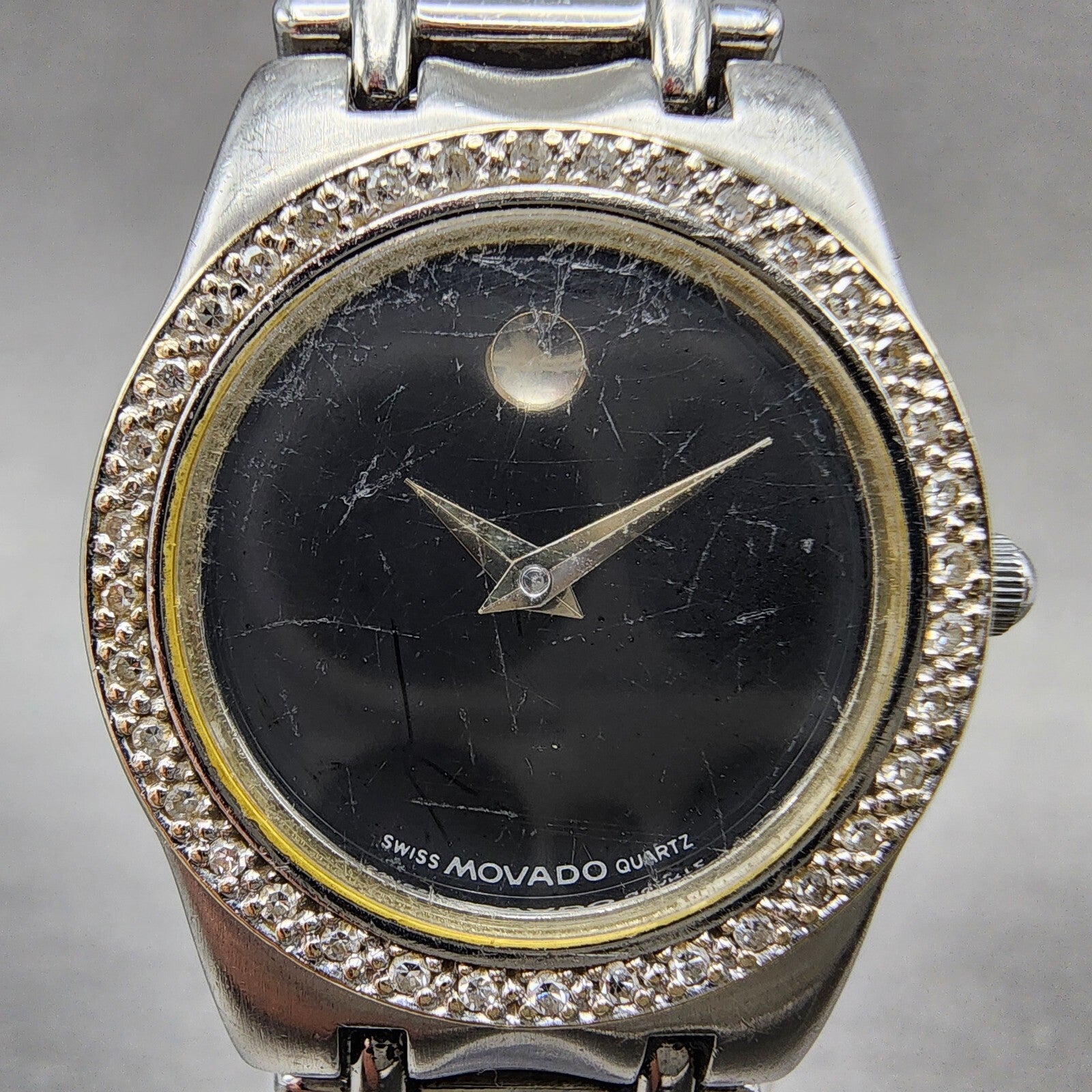 Movado Museum Watch Women 24mm Black Dial Steel Diamond Bezel New Battery1