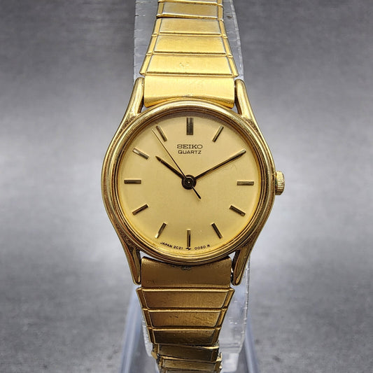 VTG Seiko Watch Women 21mm Gold Dial Gold Tone Round 2C21-0029 New Battery