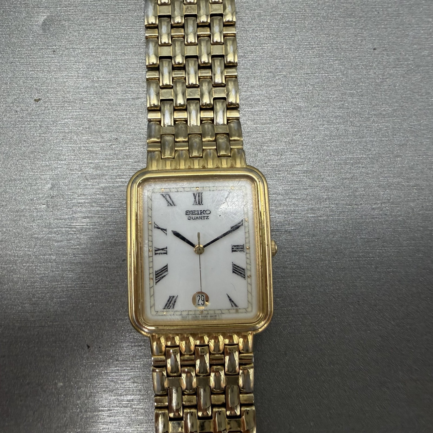 Seiko Tank Watch Men 26mm White Dial Gold Tone Date 7N225A10 New Battery READ!!0