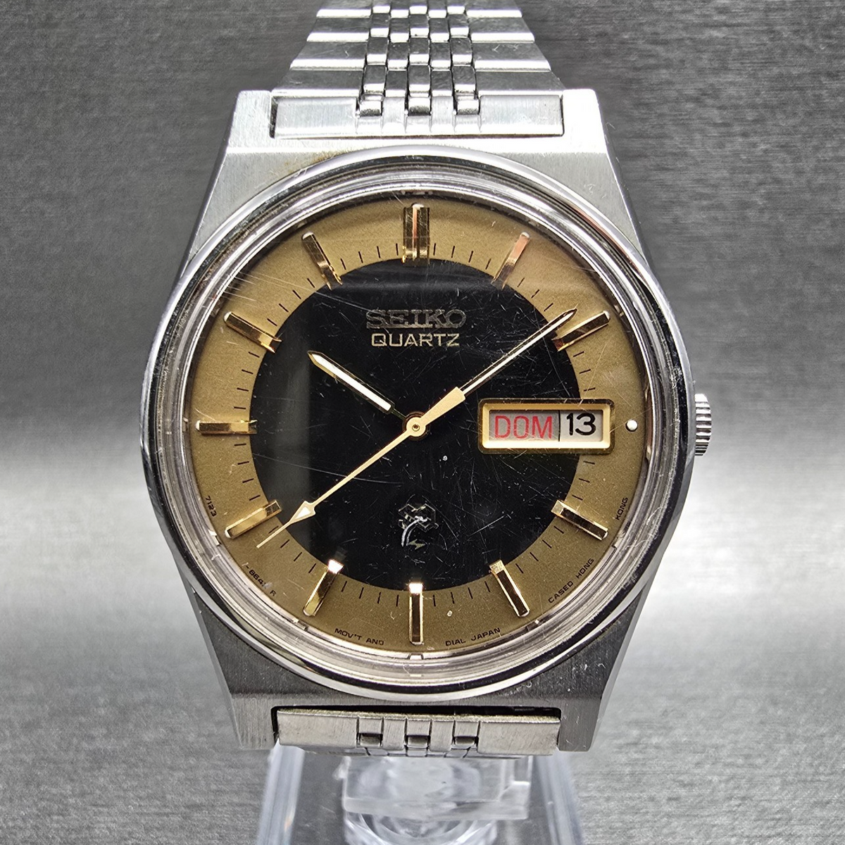 Seiko SQ Watch Men 34mm Black Dial Silver Daydate Round 7123-8439 New Batt VTG0