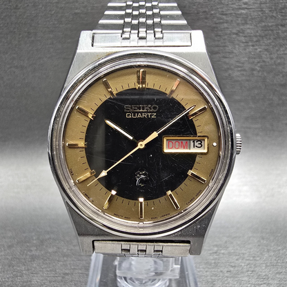 Seiko SQ Watch Men 34mm Black Dial Silver Daydate Round 7123-8439 New Batt VTG0