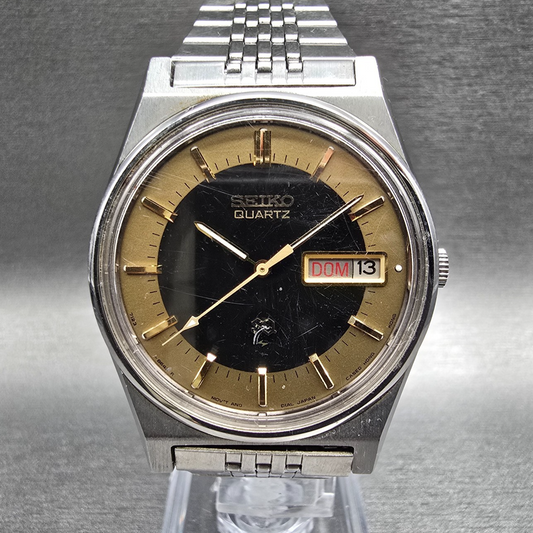 Seiko SQ Watch Men 34mm Black Dial Silver Daydate Round 7123-8439 New Batt VTG0