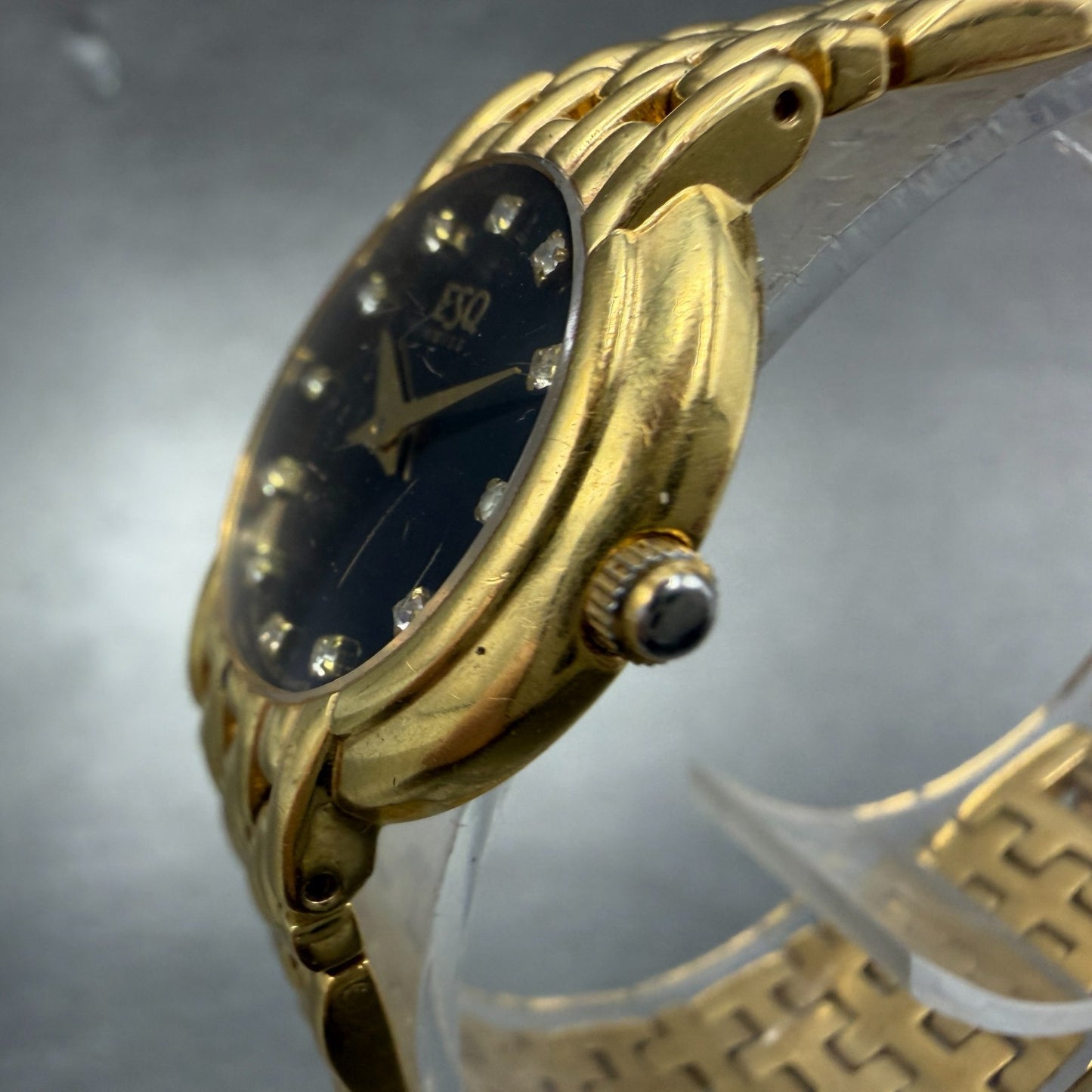 ESQ Watch Women 25mm Black Dial Gold Tone Round Gem Markers 100203B New Battery2