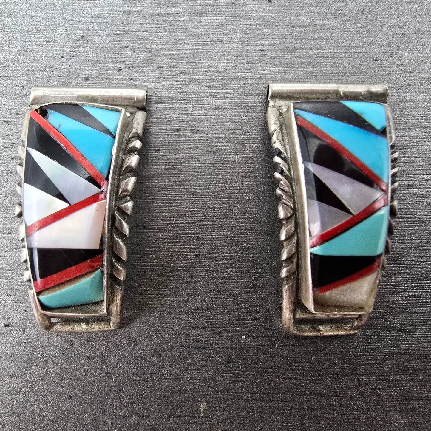 Navajo Watch band tips 14mm Silver Tone Red Blue Tone Vintage1